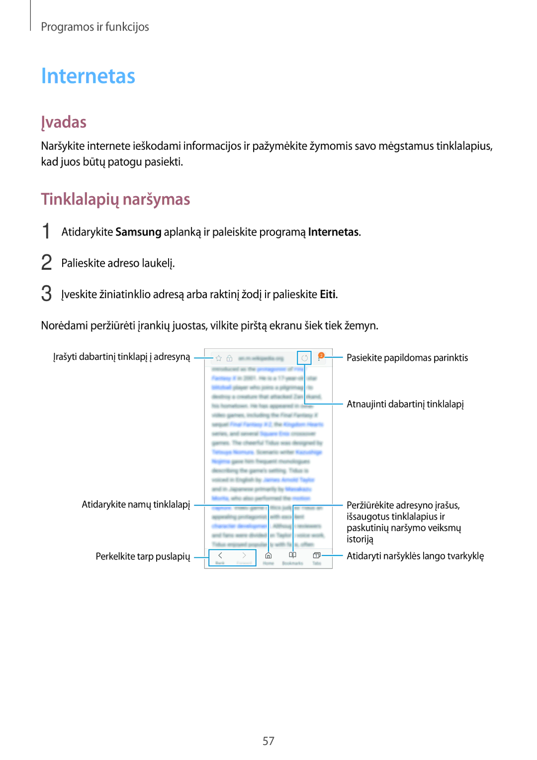 Samsung SM-J710FZKNSEB, SM-J510FZKUSEB, SM-J510FZDUSEB, SM-J710FZDNSEB manual Internetas, Tinklalapių naršymas 