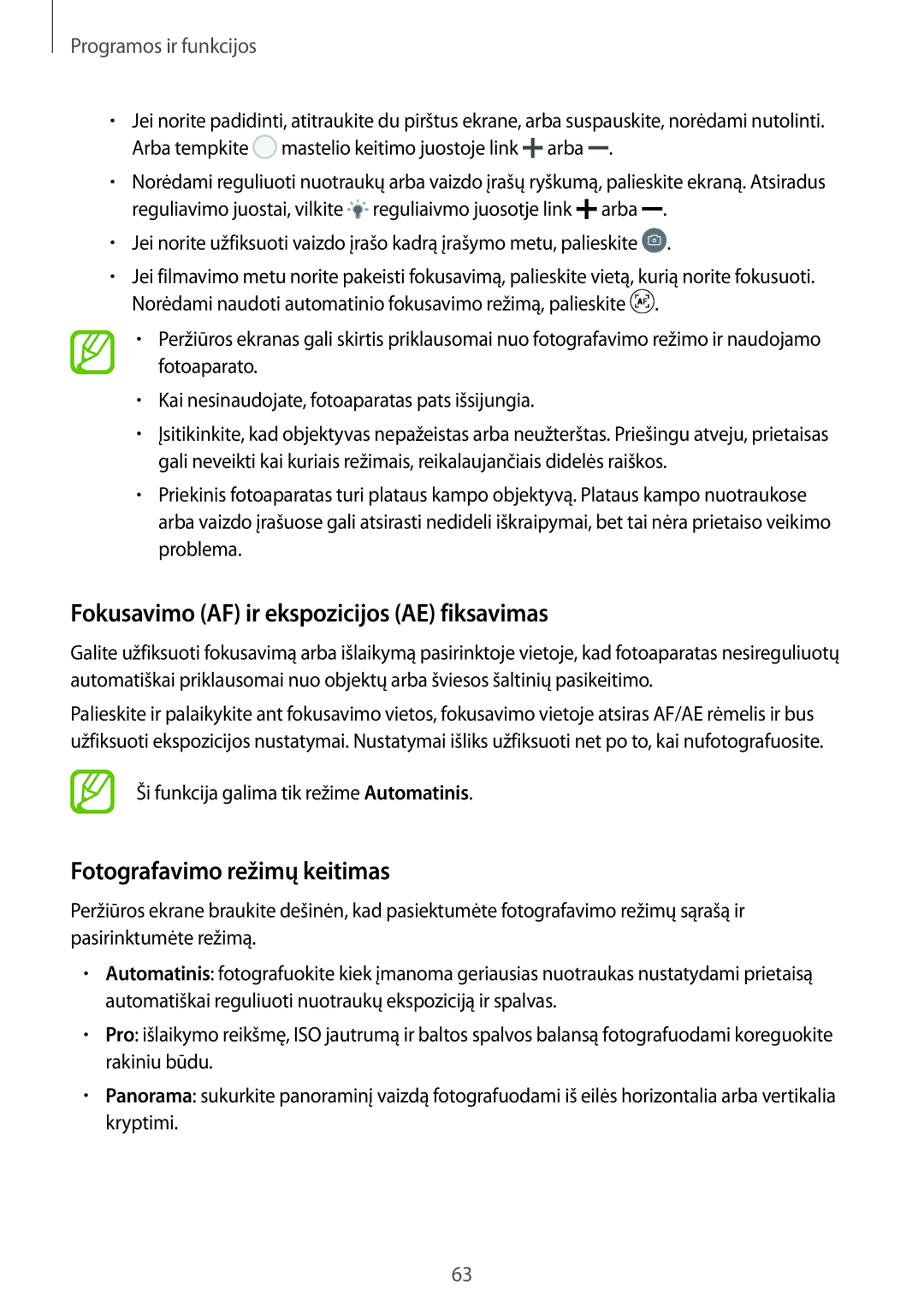 Samsung SM-J710FZDNSEB, SM-J510FZKUSEB manual Fokusavimo AF ir ekspozicijos AE fiksavimas, Fotografavimo režimų keitimas 