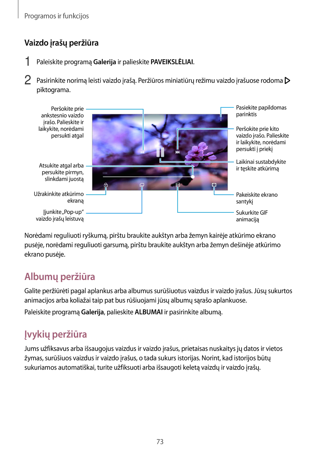 Samsung SM-J710FZKNSEB, SM-J510FZKUSEB, SM-J510FZDUSEB manual Albumų peržiūra, Įvykių peržiūra, Vaizdo įrašų peržiūra 