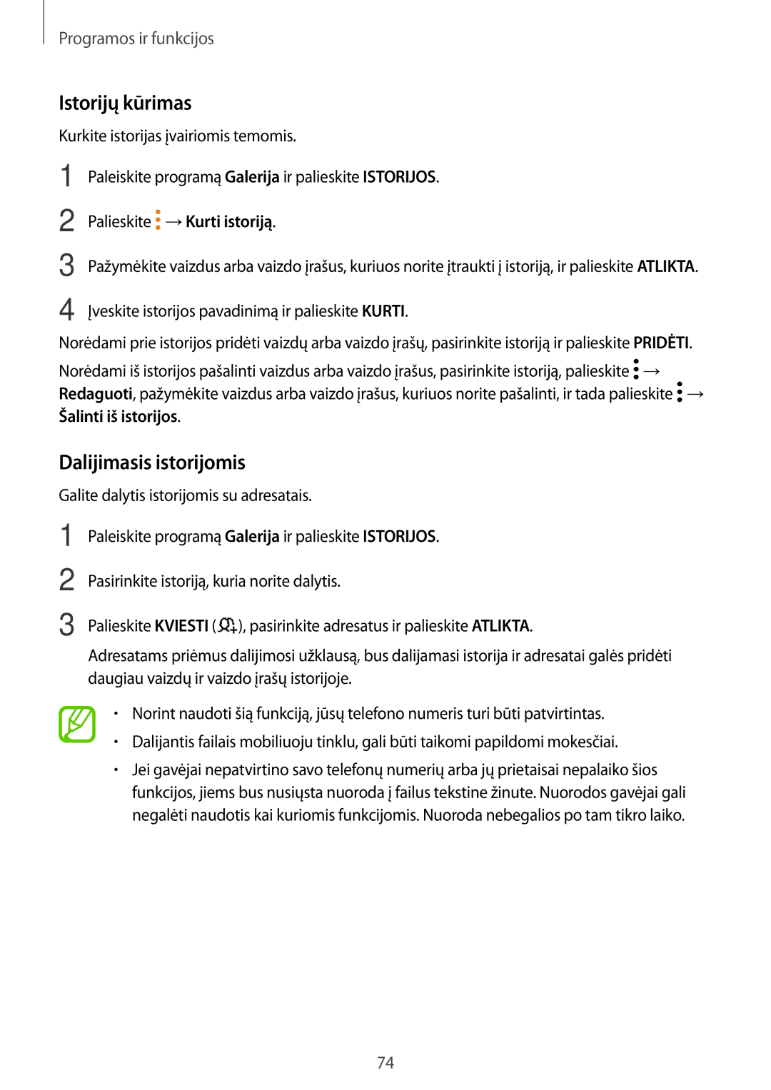 Samsung SM-J510FZDUSEB, SM-J510FZKUSEB, SM-J710FZKNSEB, SM-J710FZDNSEB manual Istorijų kūrimas, Dalijimasis istorijomis 