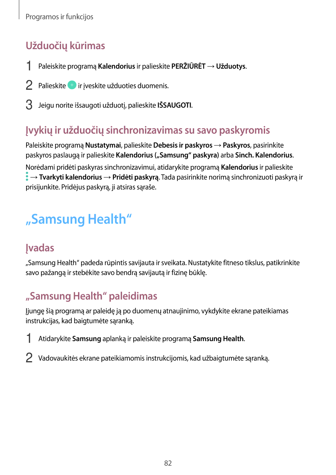 Samsung SM-J510FZDUSEB manual „Samsung Health, Užduočių kūrimas, Įvykių ir užduočių sinchronizavimas su savo paskyromis 