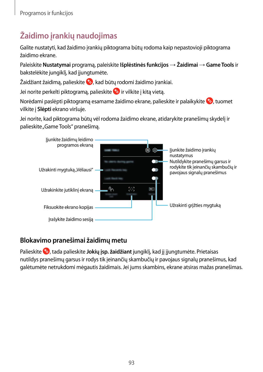 Samsung SM-J710FZKNSEB, SM-J510FZKUSEB, SM-J510FZDUSEB manual Žaidimo įrankių naudojimas, Blokavimo pranešimai žaidimų metu 