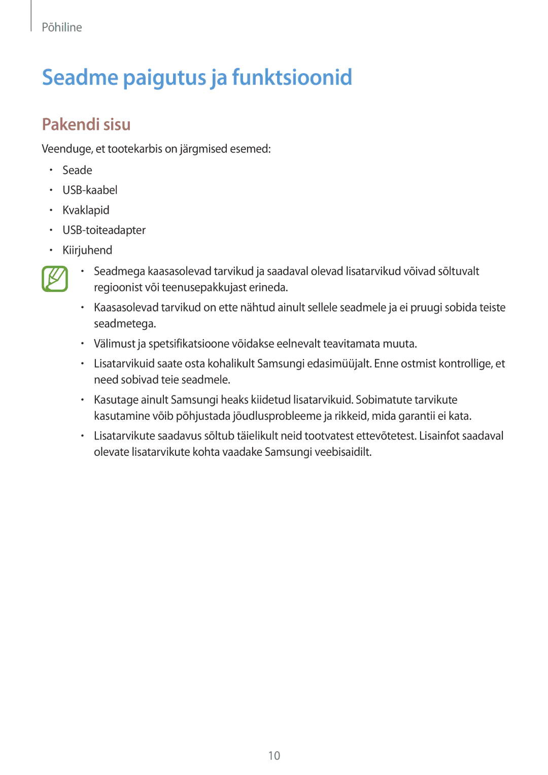 Samsung SM-J510FZDUSEB, SM-J510FZKUSEB, SM-J710FZKNSEB, SM-J710FZDNSEB manual Seadme paigutus ja funktsioonid, Pakendi sisu 