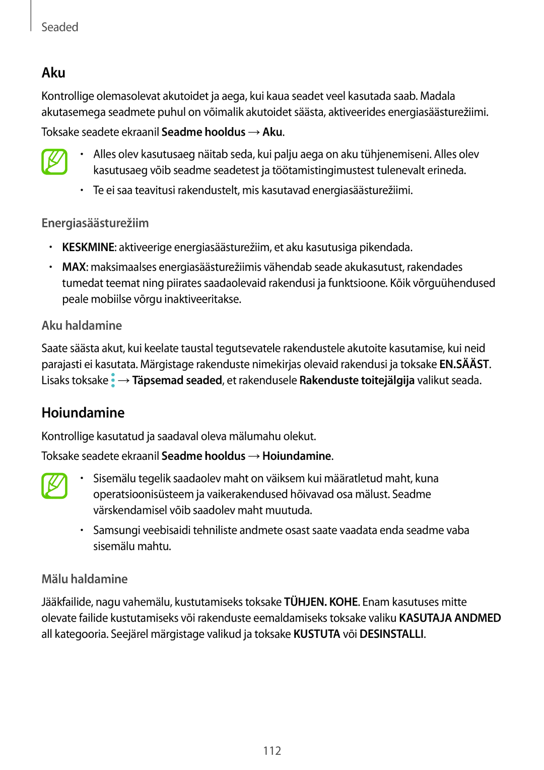 Samsung SM-J510FZKUSEB, SM-J710FZKNSEB, SM-J510FZDUSEB, SM-J710FZDNSEB manual Aku, Hoiundamine 