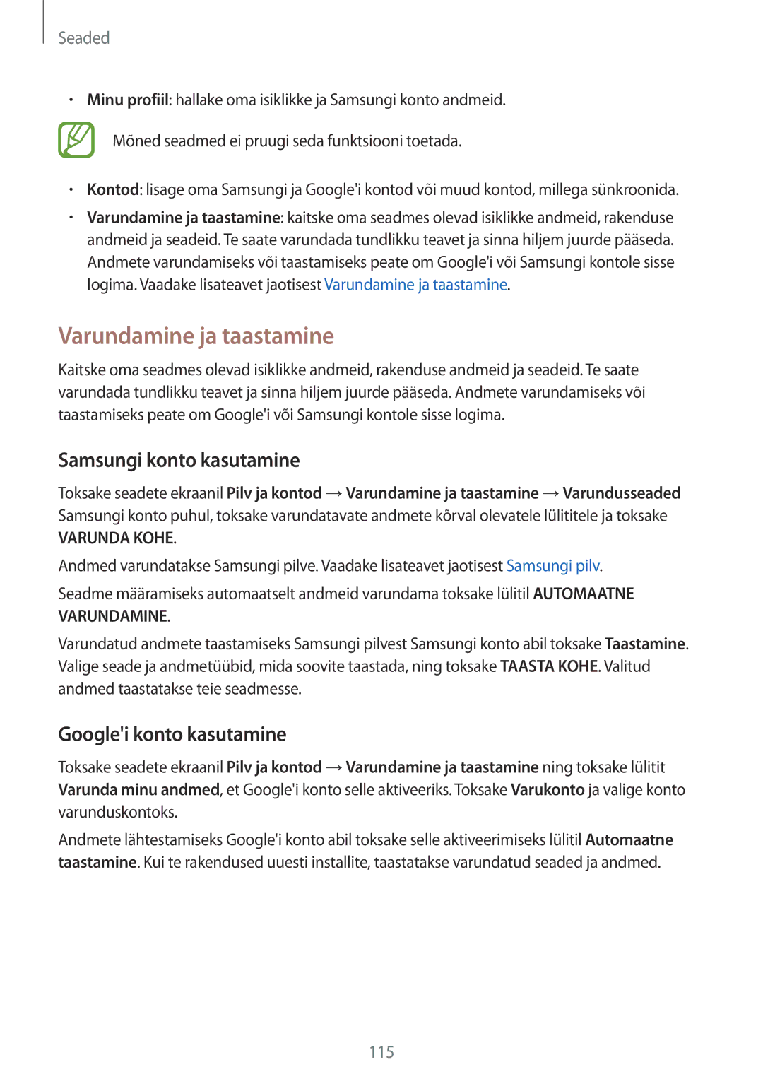 Samsung SM-J710FZDNSEB, SM-J510FZKUSEB manual Varundamine ja taastamine, Samsungi konto kasutamine, Googlei konto kasutamine 