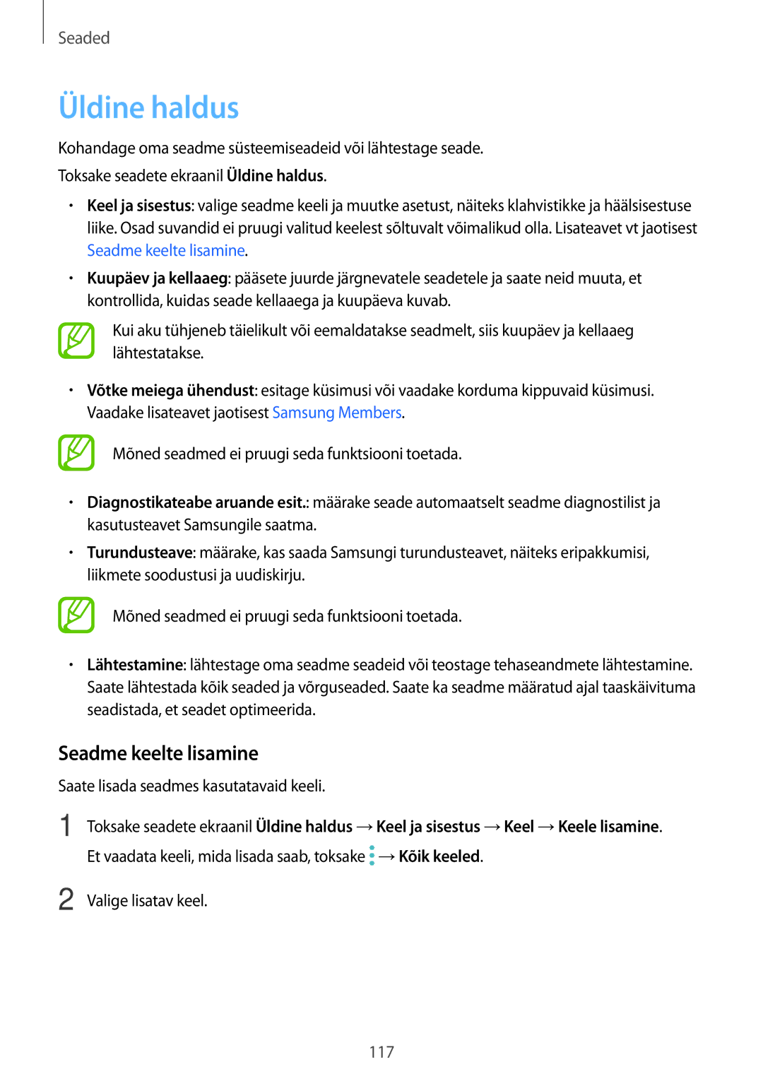 Samsung SM-J710FZKNSEB, SM-J510FZKUSEB, SM-J510FZDUSEB, SM-J710FZDNSEB manual Üldine haldus, Seadme keelte lisamine 