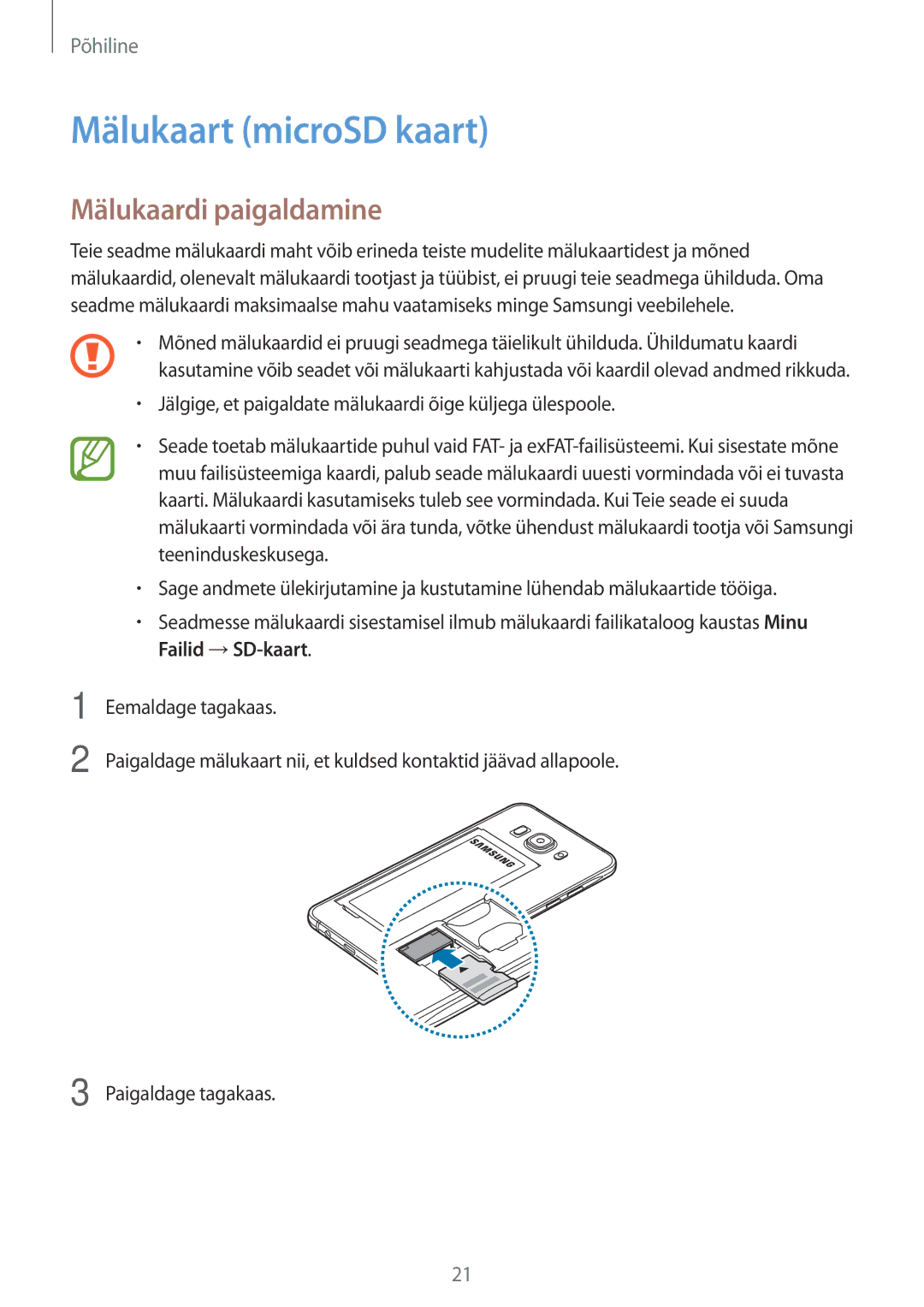 Samsung SM-J710FZKNSEB, SM-J510FZKUSEB, SM-J510FZDUSEB, SM-J710FZDNSEB manual Mälukaart microSD kaart, Mälukaardi paigaldamine 