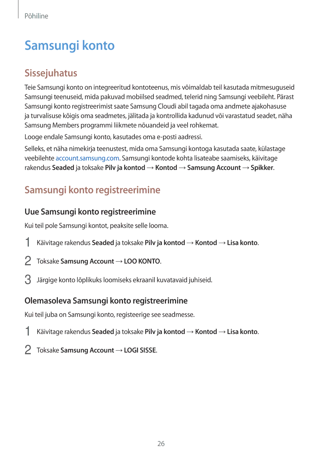 Samsung SM-J510FZDUSEB, SM-J510FZKUSEB, SM-J710FZKNSEB manual Sissejuhatus, Uue Samsungi konto registreerimine 