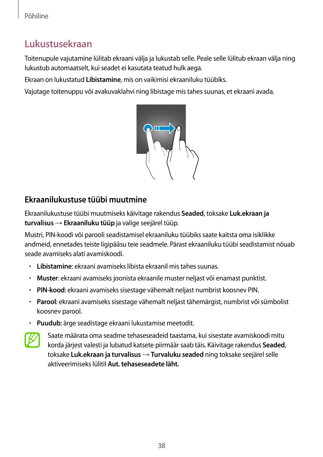 Samsung SM-J510FZDUSEB, SM-J510FZKUSEB, SM-J710FZKNSEB, SM-J710FZDNSEB manual Lukustusekraan, Ekraanilukustuse tüübi muutmine 