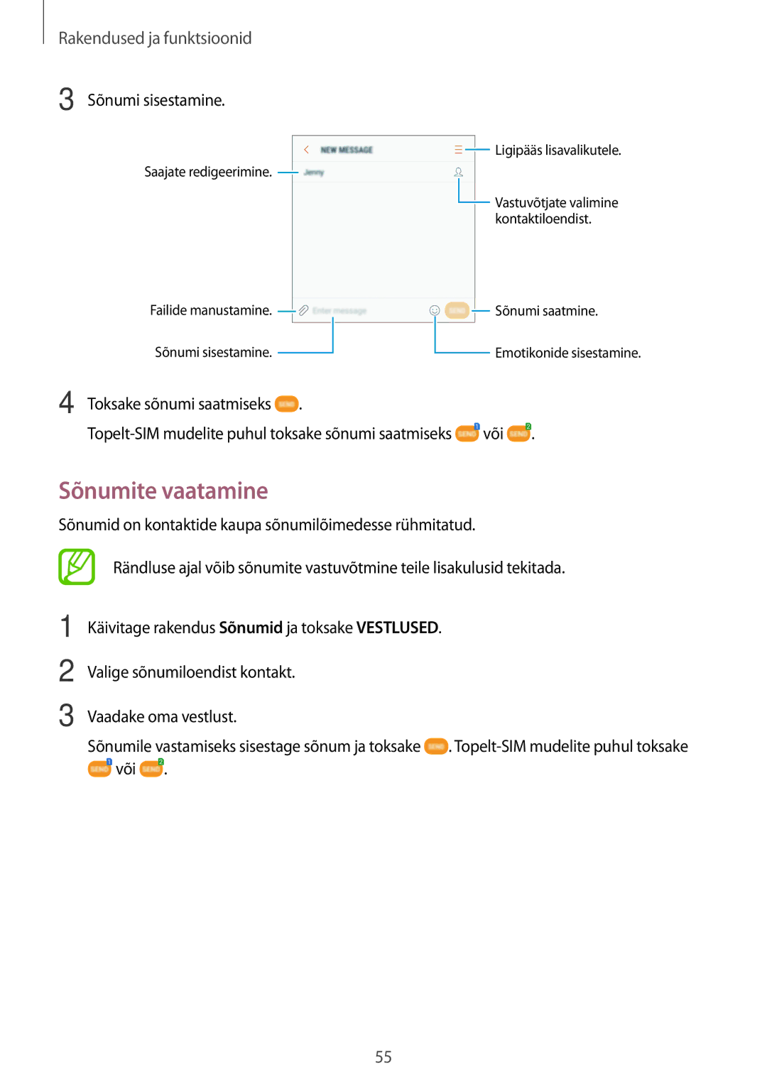 Samsung SM-J710FZDNSEB, SM-J510FZKUSEB, SM-J710FZKNSEB, SM-J510FZDUSEB manual Sõnumite vaatamine, Sõnumi sisestamine 