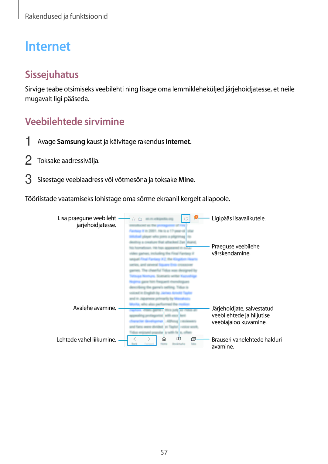 Samsung SM-J710FZKNSEB, SM-J510FZKUSEB, SM-J510FZDUSEB, SM-J710FZDNSEB manual Internet, Veebilehtede sirvimine 