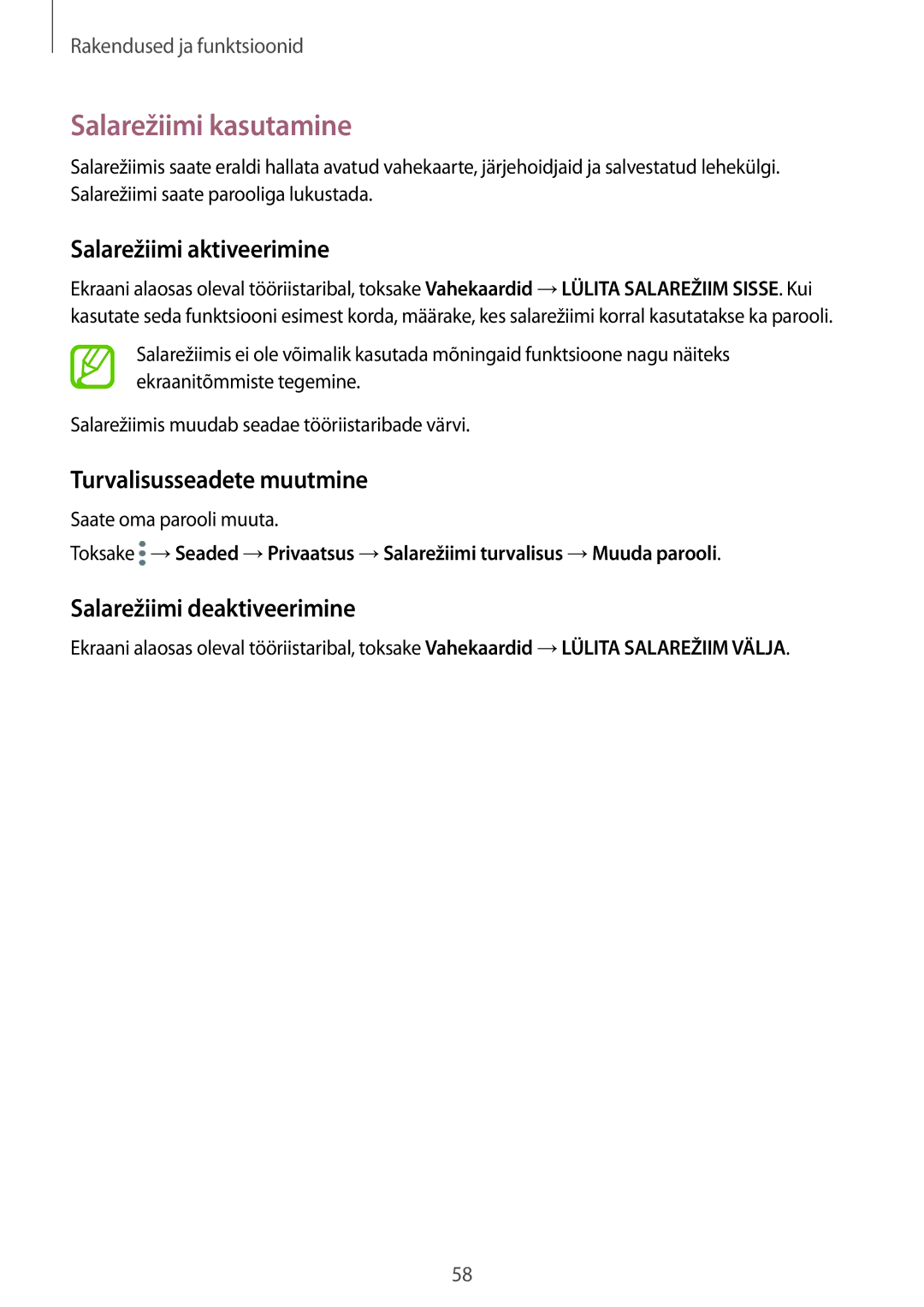 Samsung SM-J510FZDUSEB, SM-J510FZKUSEB manual Salarežiimi kasutamine, Salarežiimi aktiveerimine, Turvalisusseadete muutmine 