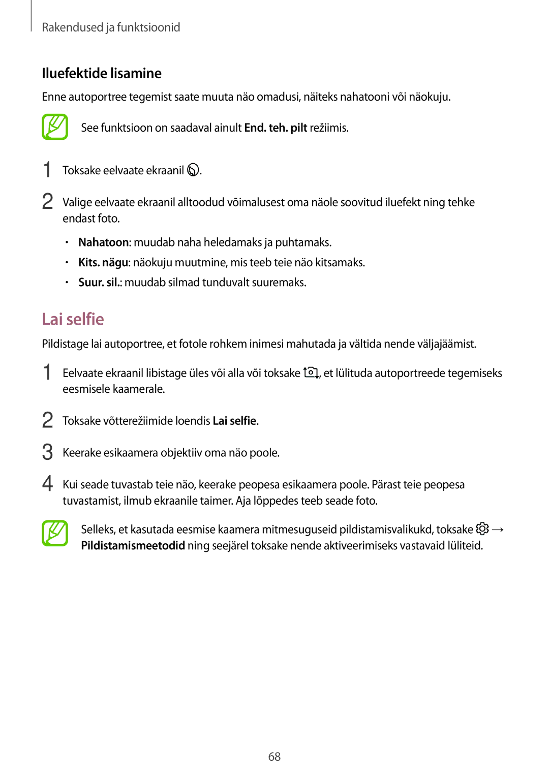 Samsung SM-J510FZKUSEB, SM-J710FZKNSEB, SM-J510FZDUSEB, SM-J710FZDNSEB manual Lai selfie, Iluefektide lisamine 