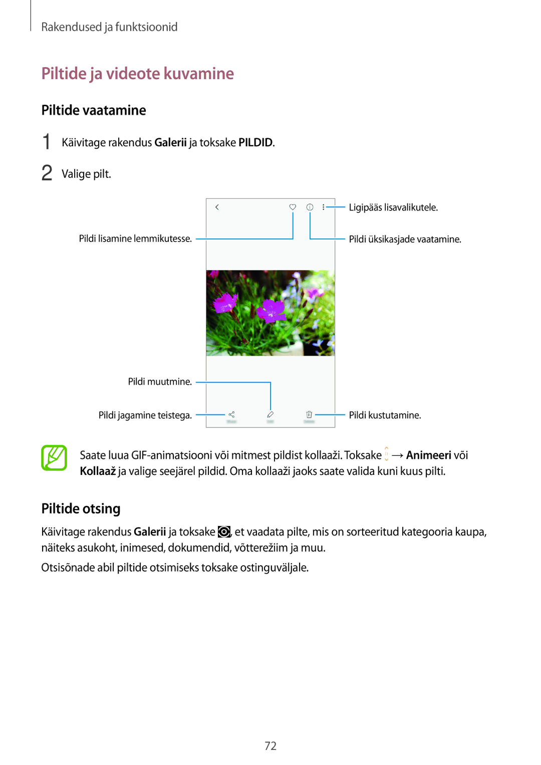 Samsung SM-J510FZKUSEB, SM-J710FZKNSEB, SM-J510FZDUSEB manual Piltide ja videote kuvamine, Piltide vaatamine, Piltide otsing 