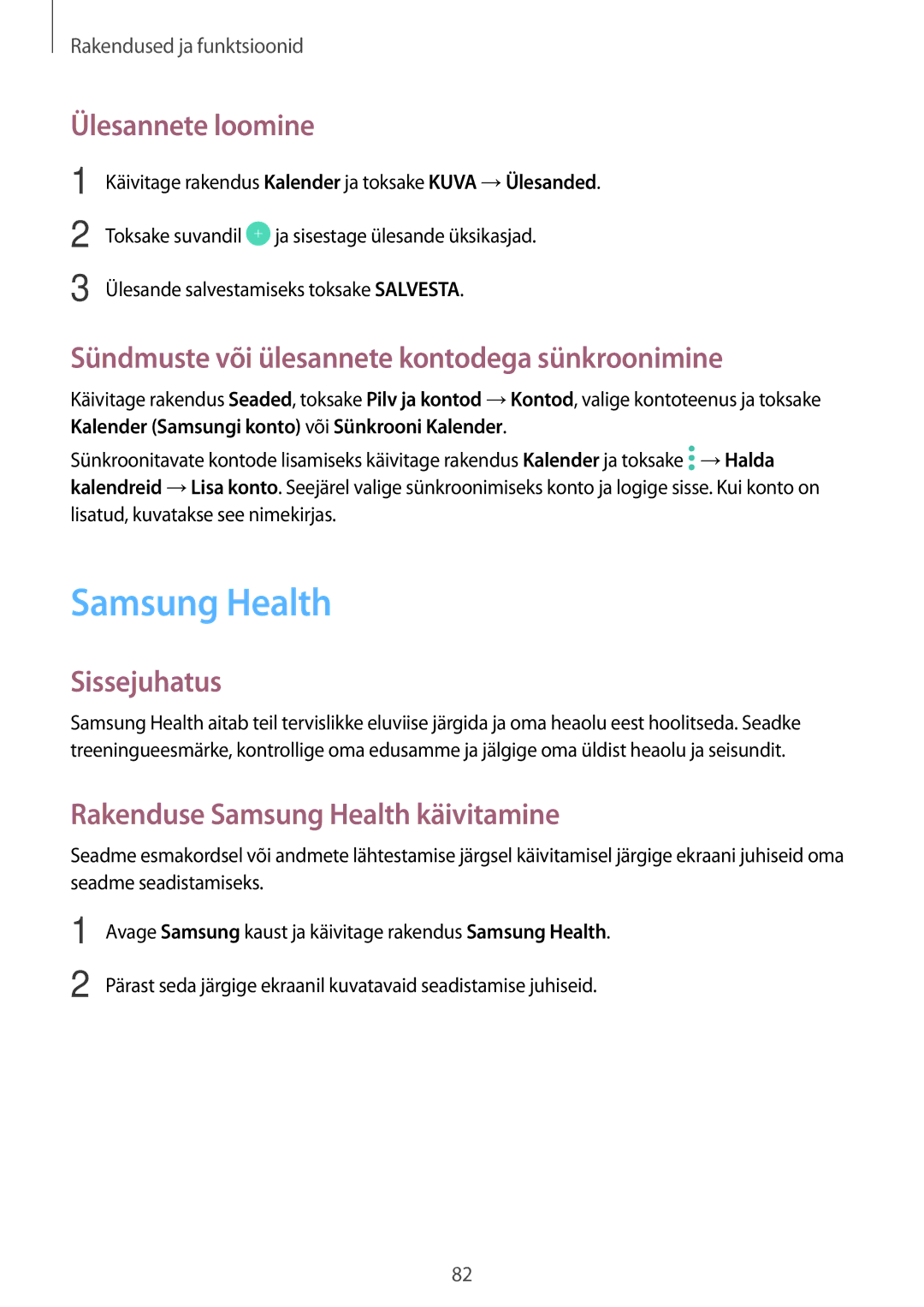 Samsung SM-J510FZDUSEB manual Samsung Health, Ülesannete loomine, Sündmuste või ülesannete kontodega sünkroonimine 