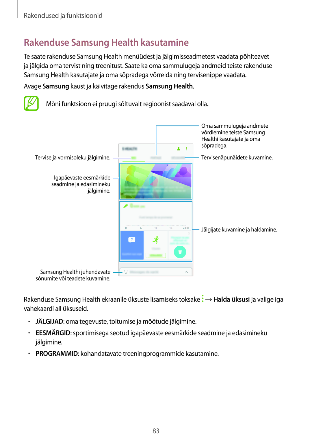 Samsung SM-J710FZDNSEB, SM-J510FZKUSEB, SM-J710FZKNSEB, SM-J510FZDUSEB manual Rakenduse Samsung Health kasutamine 