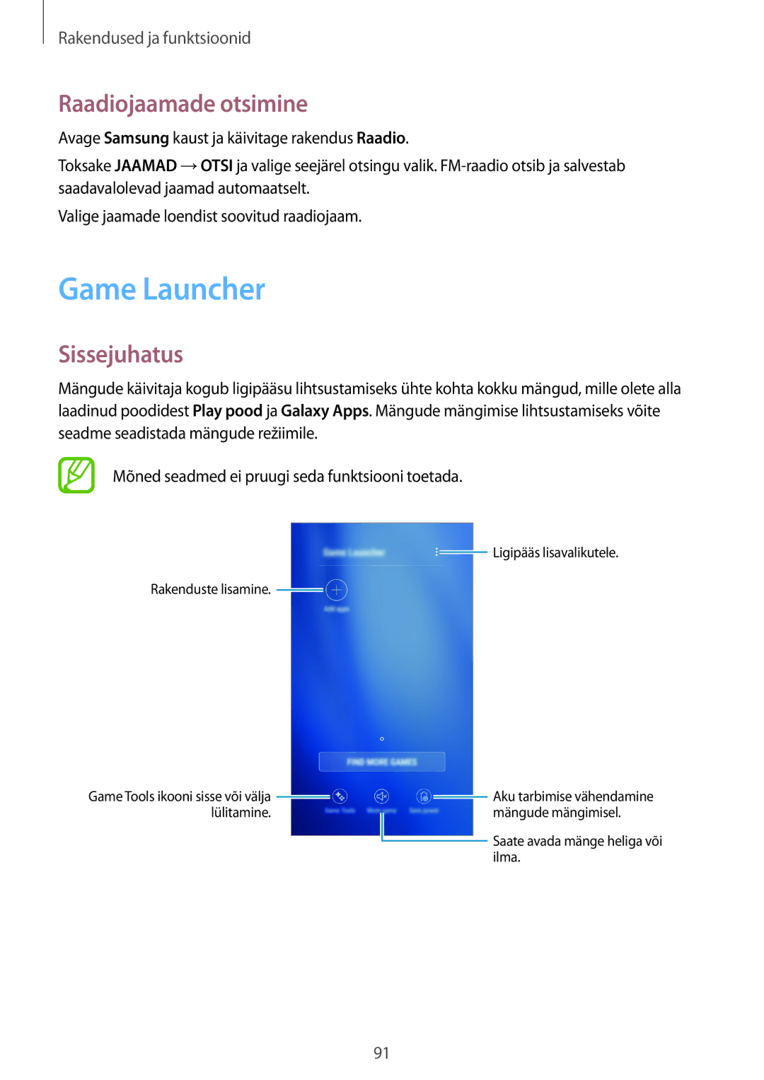 Samsung SM-J710FZDNSEB, SM-J510FZKUSEB, SM-J710FZKNSEB, SM-J510FZDUSEB manual Game Launcher, Raadiojaamade otsimine 