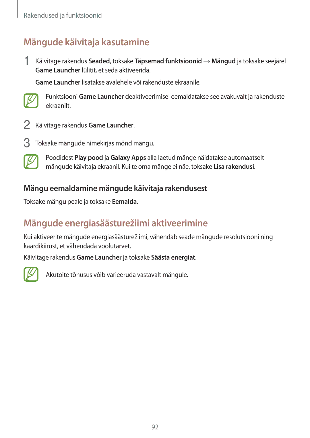 Samsung SM-J510FZKUSEB, SM-J710FZKNSEB manual Mängude käivitaja kasutamine, Mängude energiasäästurežiimi aktiveerimine 