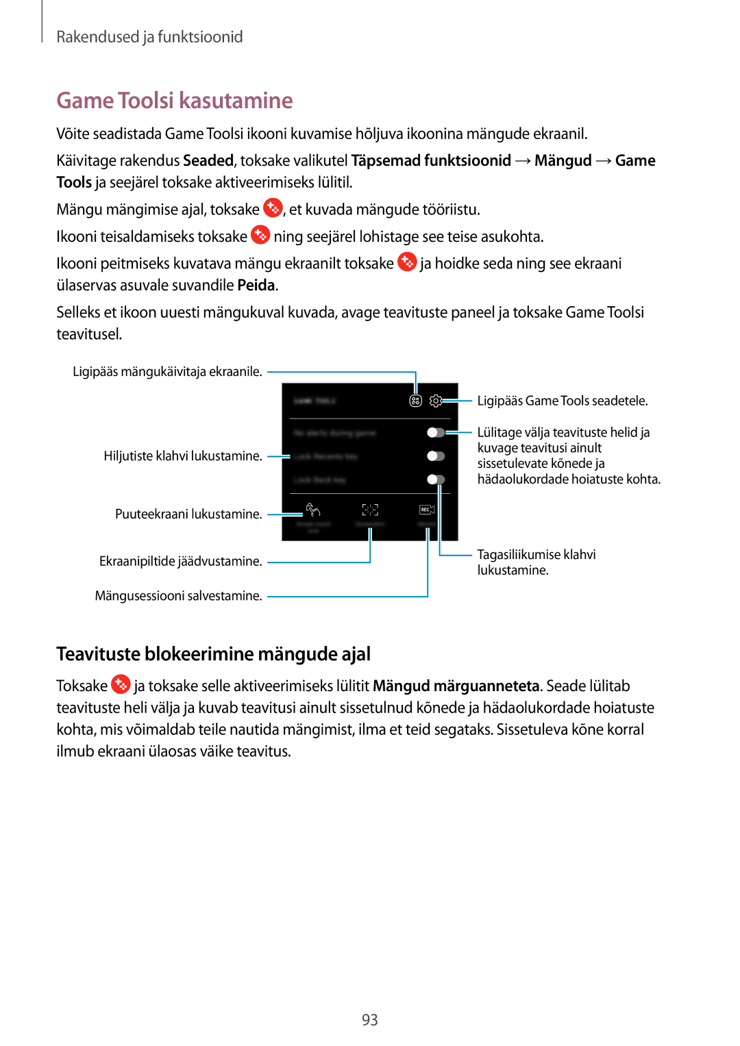 Samsung SM-J710FZKNSEB, SM-J510FZKUSEB, SM-J510FZDUSEB manual Game Toolsi kasutamine, Teavituste blokeerimine mängude ajal 