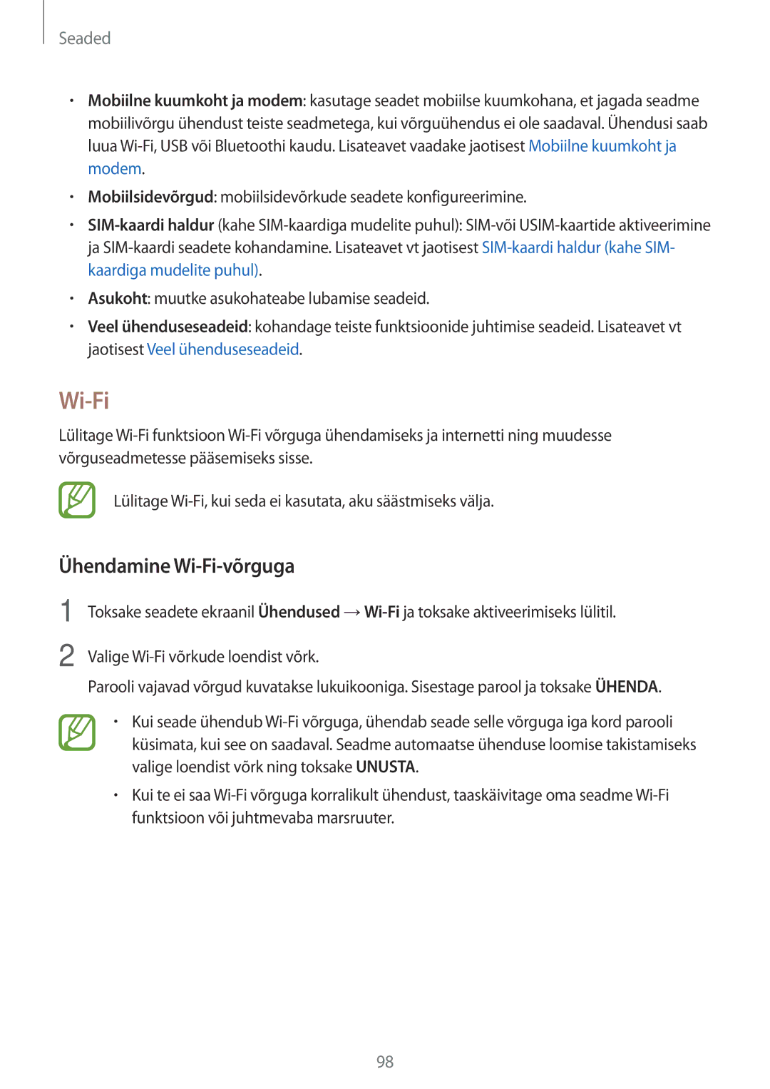 Samsung SM-J510FZDUSEB, SM-J510FZKUSEB, SM-J710FZKNSEB, SM-J710FZDNSEB manual Ühendamine Wi-Fi-võrguga 