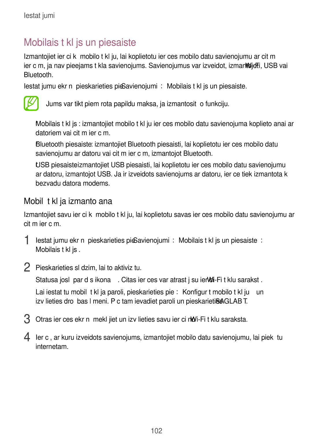 Samsung SM-J510FZDUSEB, SM-J510FZKUSEB, SM-J710FZKNSEB manual Mobilais tīklājs un piesaiste, Mobilā tīklāja izmantošana 