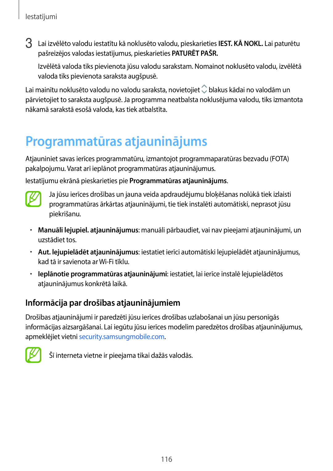 Samsung SM-J510FZKUSEB, SM-J710FZKNSEB manual Programmatūras atjauninājums, Informācija par drošības atjauninājumiem 
