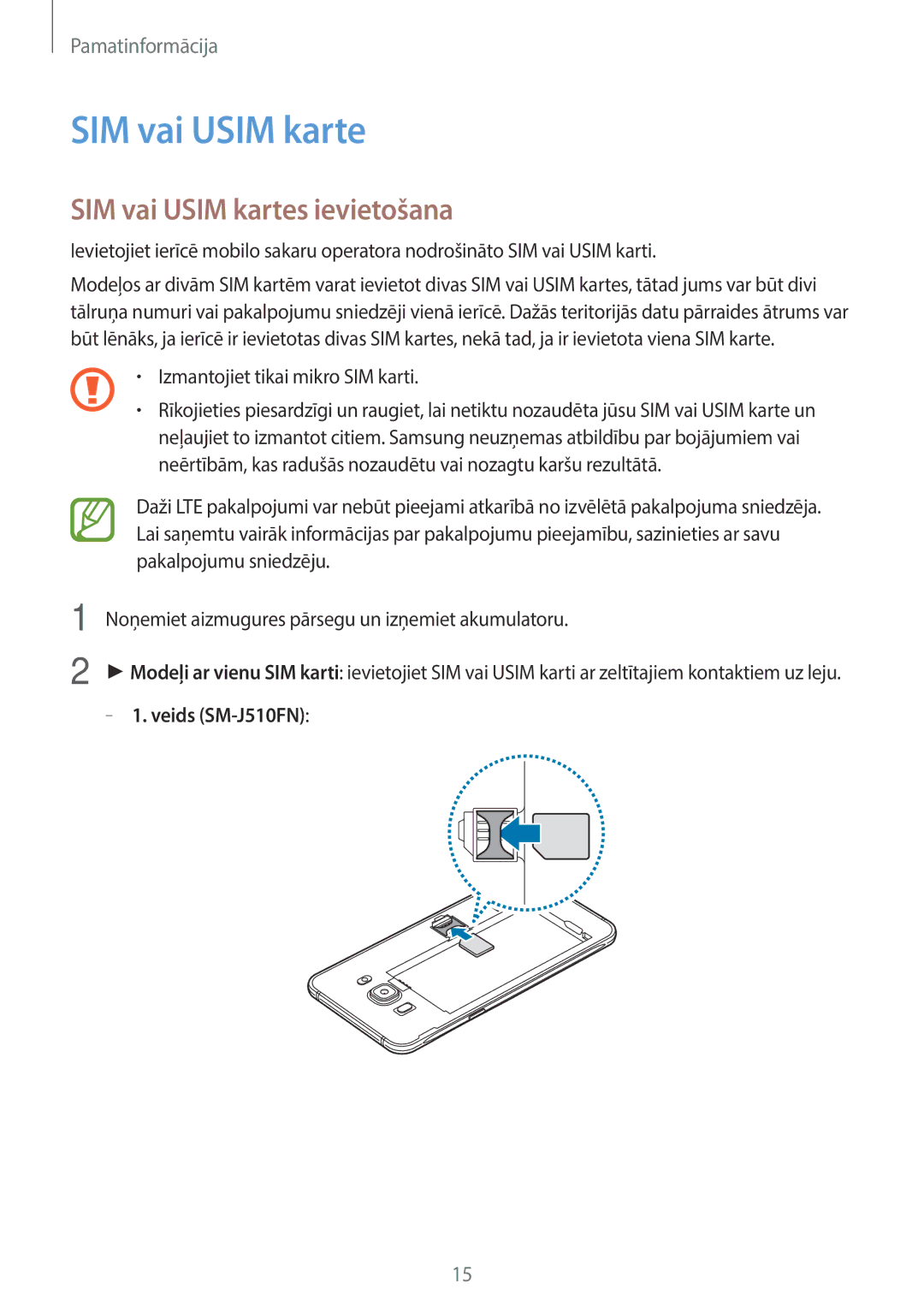 Samsung SM-J710FZDNSEB, SM-J510FZKUSEB, SM-J710FZKNSEB, SM-J510FZDUSEB manual SIM vai Usim kartes ievietošana 