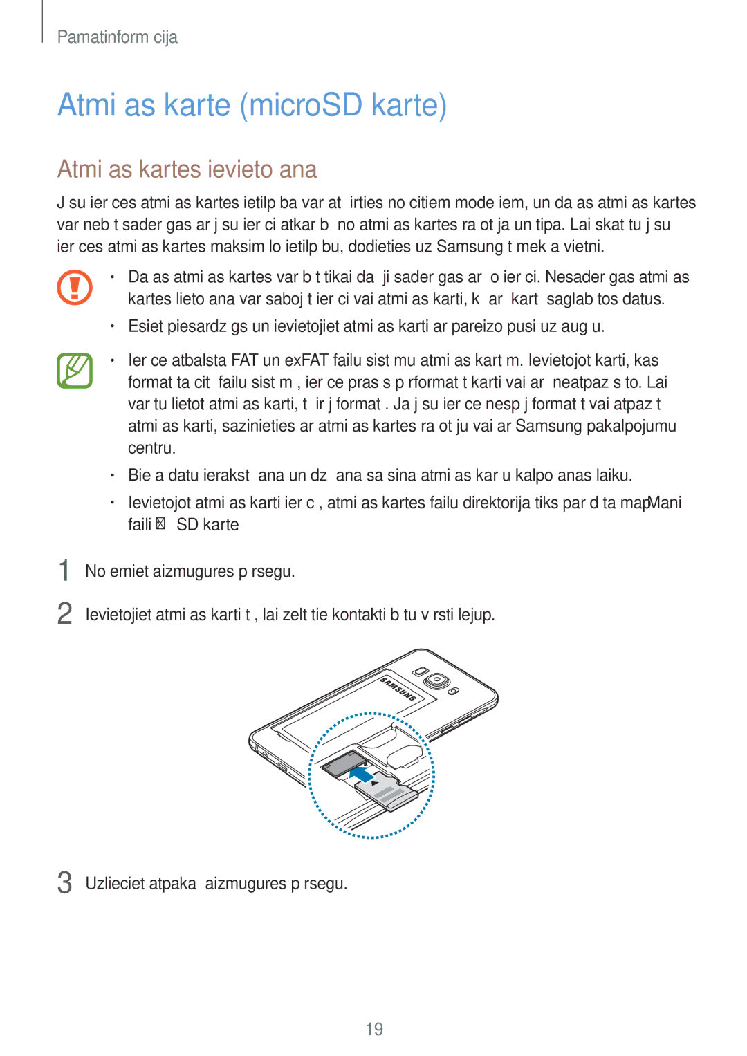 Samsung SM-J710FZDNSEB, SM-J510FZKUSEB, SM-J710FZKNSEB manual Atmiņas karte microSD karte, Atmiņas kartes ievietošana 