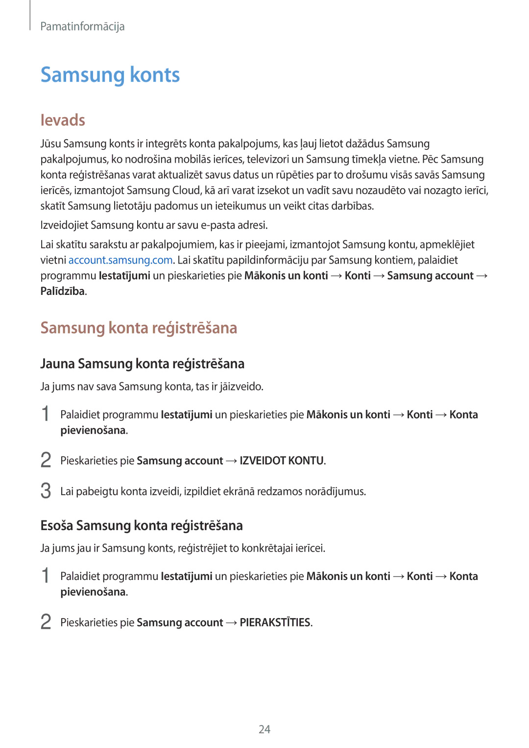 Samsung SM-J510FZKUSEB manual Samsung konts, Ievads, Jauna Samsung konta reģistrēšana, Esoša Samsung konta reģistrēšana 