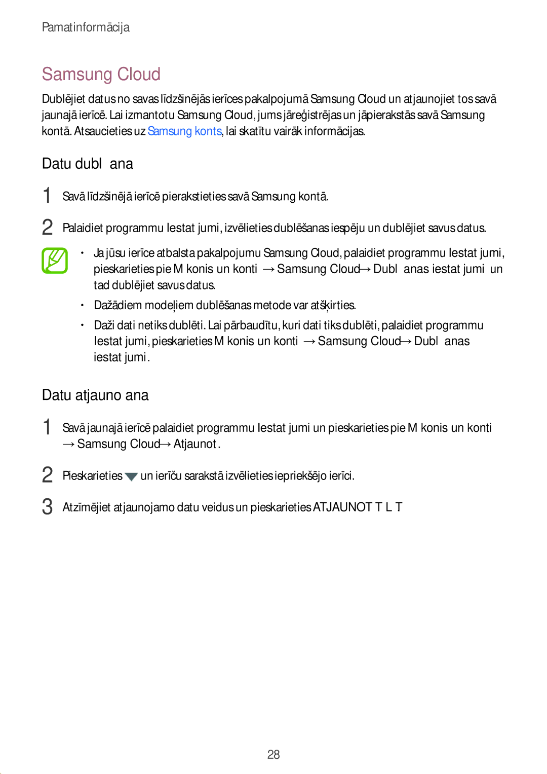 Samsung SM-J510FZKUSEB, SM-J710FZKNSEB, SM-J510FZDUSEB, SM-J710FZDNSEB manual Samsung Cloud, Datu dublēšana, Datu atjaunošana 