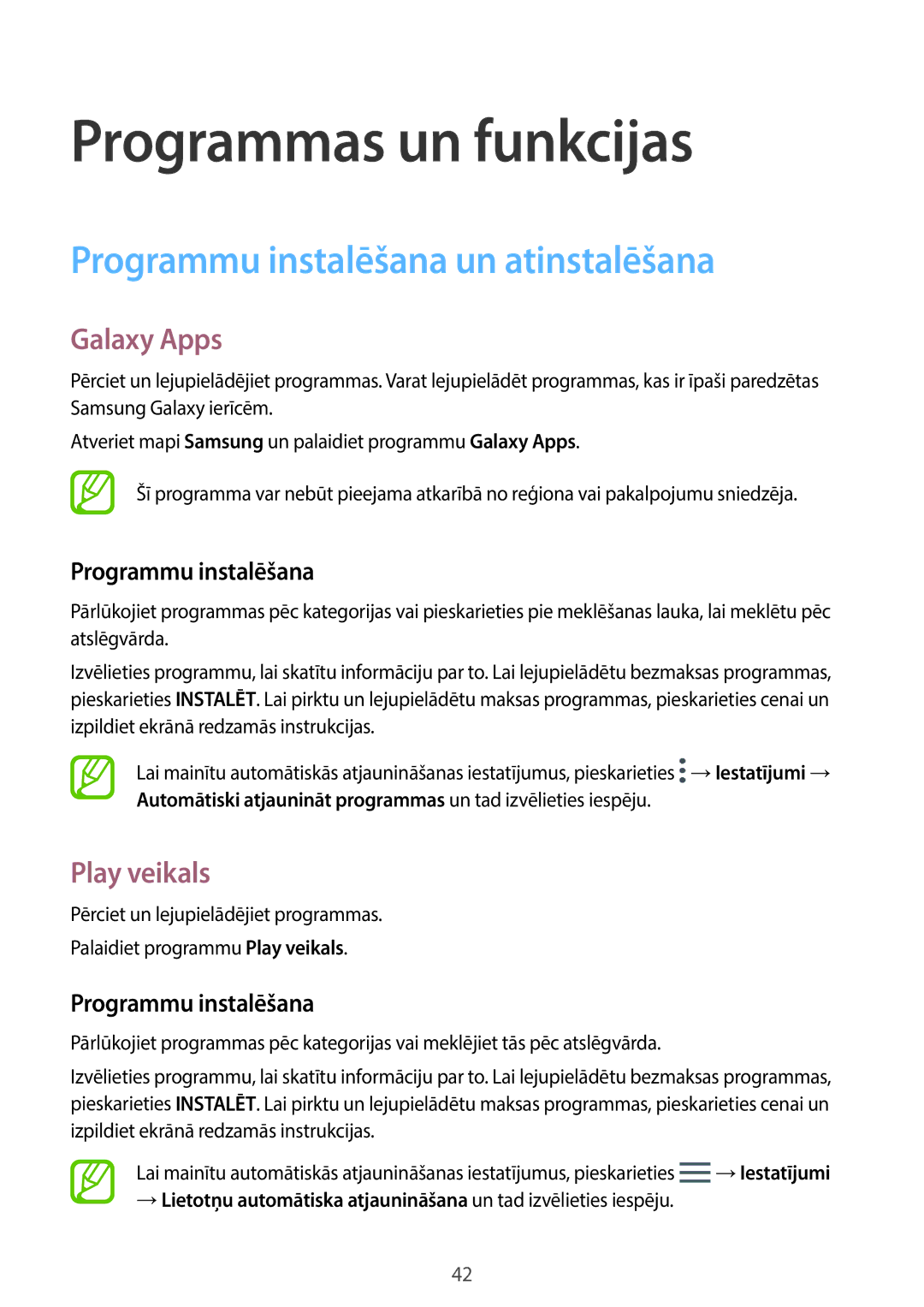 Samsung SM-J510FZDUSEB, SM-J510FZKUSEB, SM-J710FZKNSEB Programmu instalēšana un atinstalēšana, Galaxy Apps, Play veikals 