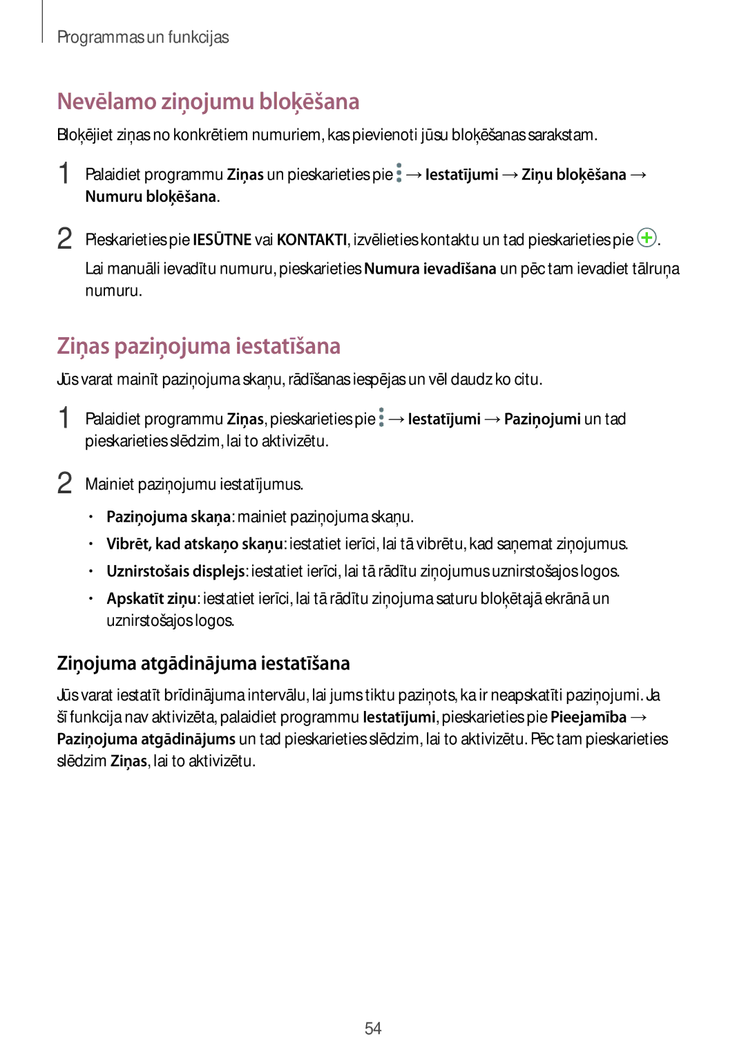 Samsung SM-J510FZDUSEB manual Nevēlamo ziņojumu bloķēšana, Ziņas paziņojuma iestatīšana, Ziņojuma atgādinājuma iestatīšana 