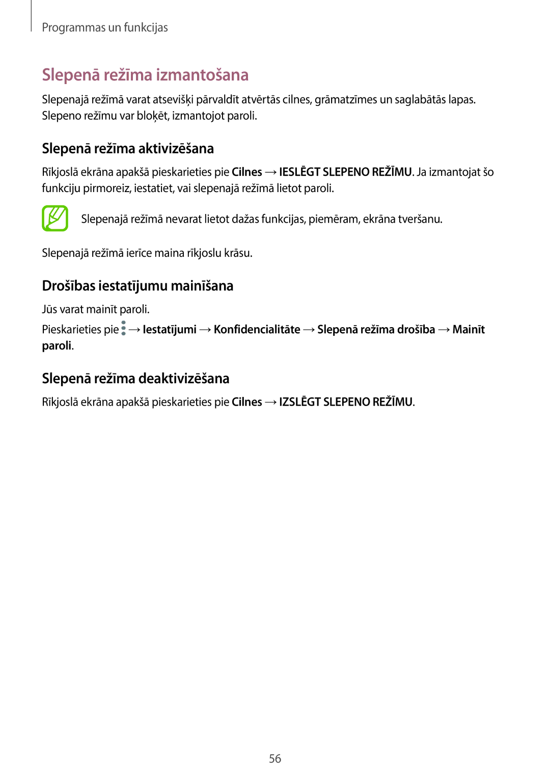 Samsung SM-J510FZKUSEB manual Slepenā režīma izmantošana, Slepenā režīma aktivizēšana, Drošības iestatījumu mainīšana 