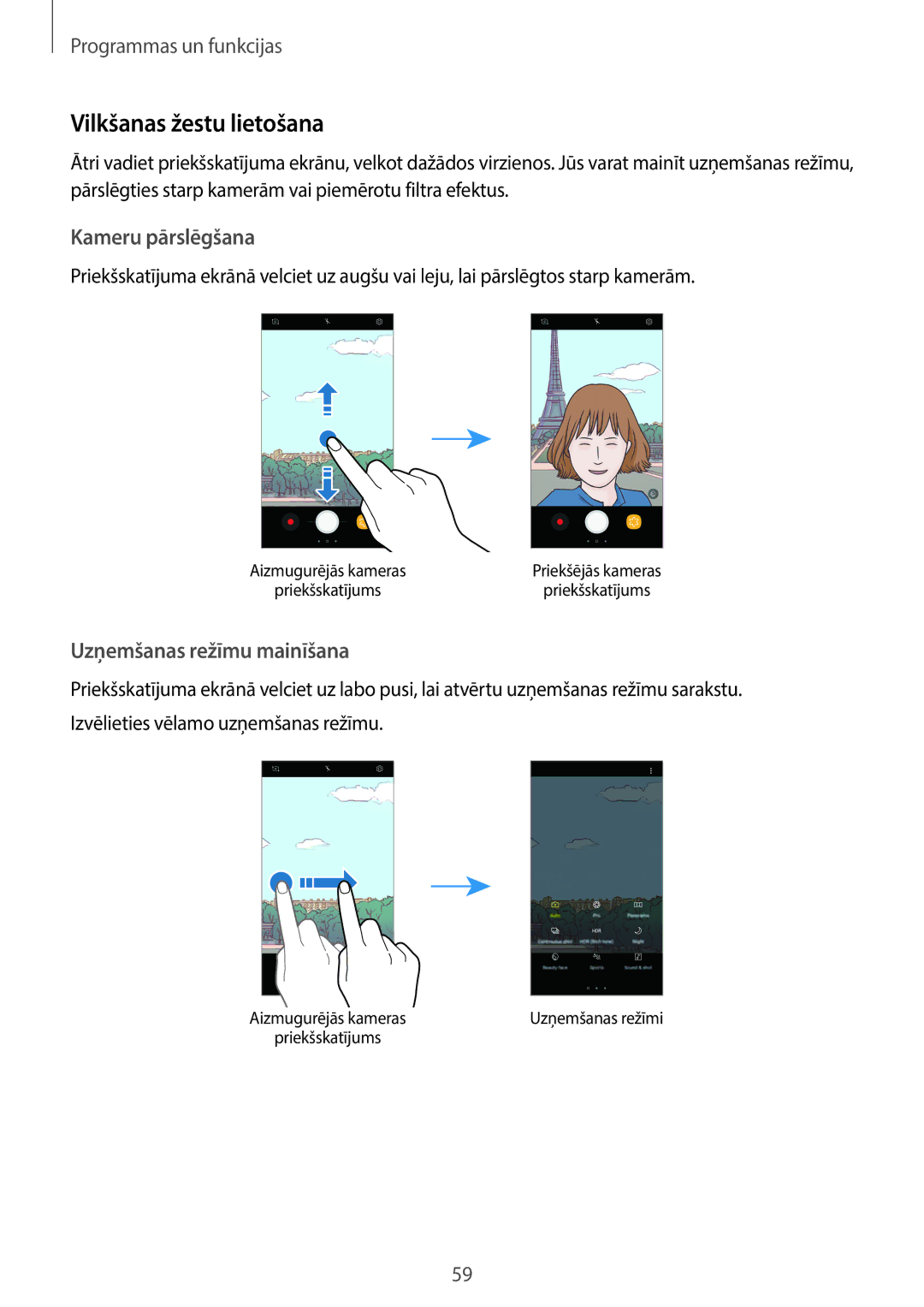 Samsung SM-J710FZDNSEB, SM-J510FZKUSEB, SM-J710FZKNSEB, SM-J510FZDUSEB manual Vilkšanas žestu lietošana, Kameru pārslēgšana 