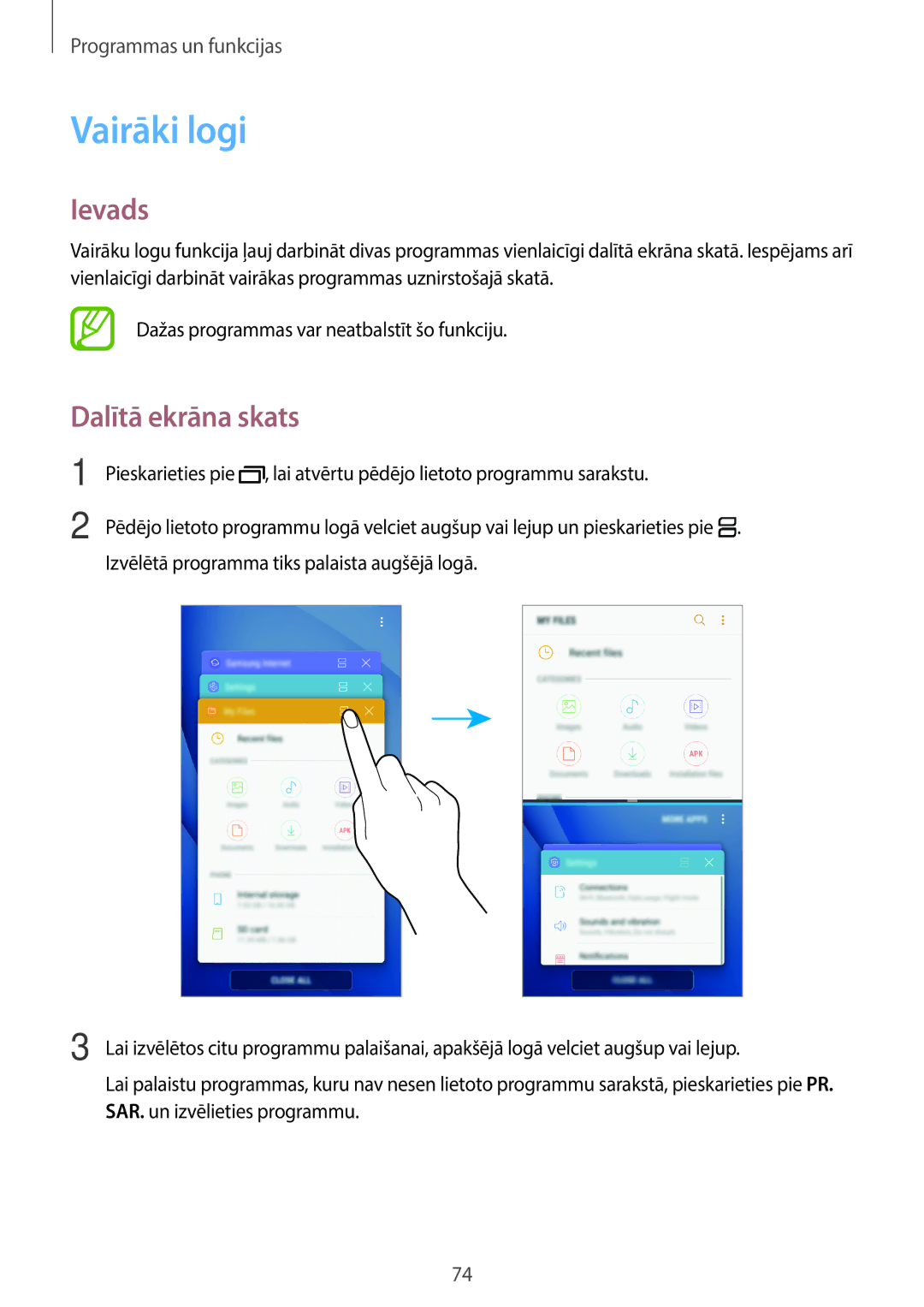 Samsung SM-J510FZDUSEB, SM-J510FZKUSEB, SM-J710FZKNSEB, SM-J710FZDNSEB manual Vairāki logi, Dalītā ekrāna skats 