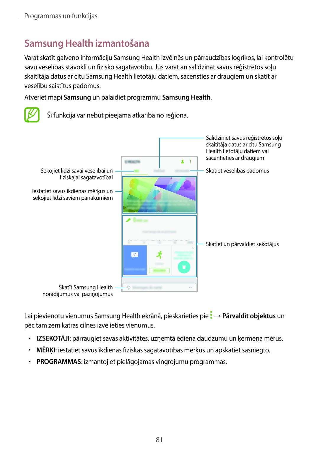 Samsung SM-J710FZKNSEB, SM-J510FZKUSEB, SM-J510FZDUSEB, SM-J710FZDNSEB manual Samsung Health izmantošana 