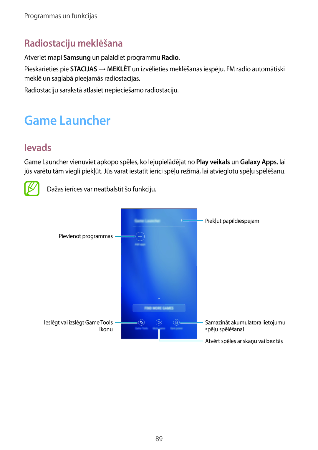 Samsung SM-J710FZKNSEB, SM-J510FZKUSEB, SM-J510FZDUSEB, SM-J710FZDNSEB manual Game Launcher, Radiostaciju meklēšana 
