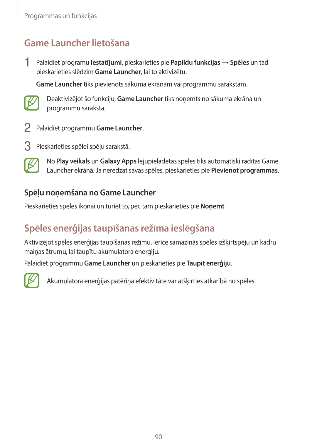 Samsung SM-J510FZDUSEB, SM-J510FZKUSEB manual Game Launcher lietošana, Spēles enerģijas taupīšanas režīma ieslēgšana 