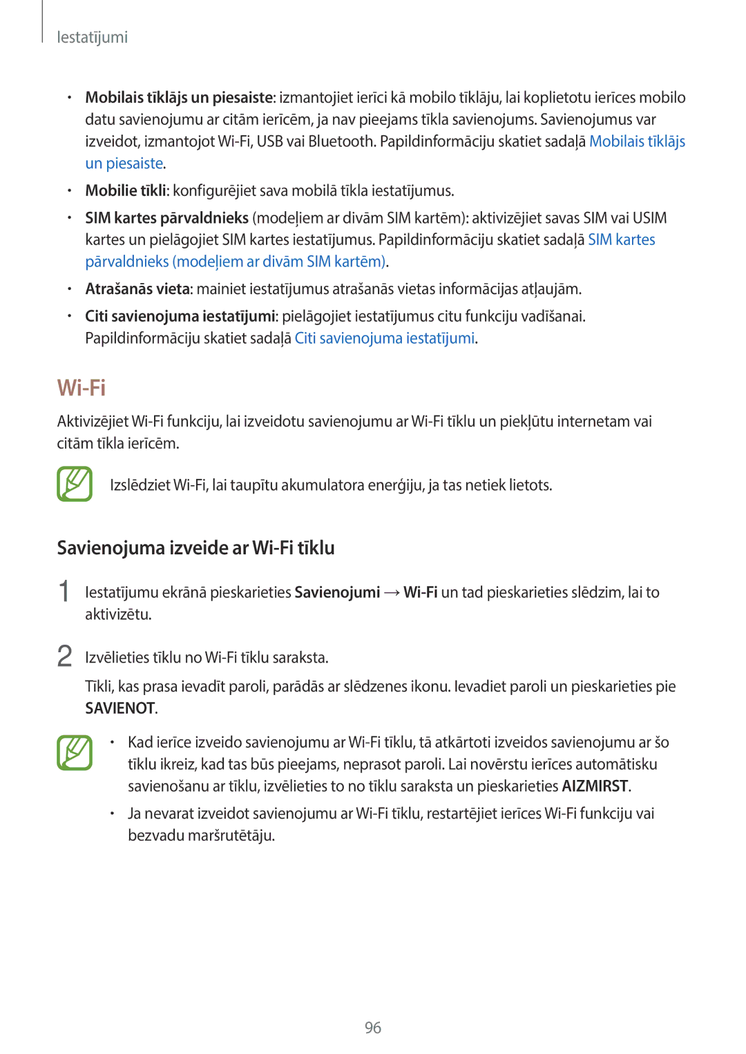 Samsung SM-J510FZKUSEB, SM-J710FZKNSEB, SM-J510FZDUSEB, SM-J710FZDNSEB manual Savienojuma izveide ar Wi-Fi tīklu 