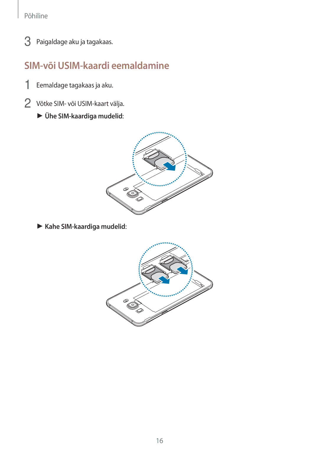 Samsung SM-J510FZKUSEB, SM-J710FZKNSEB SIM-või USIM-kaardi eemaldamine, Ühe SIM-kaardiga mudelid Kahe SIM-kaardiga mudelid 