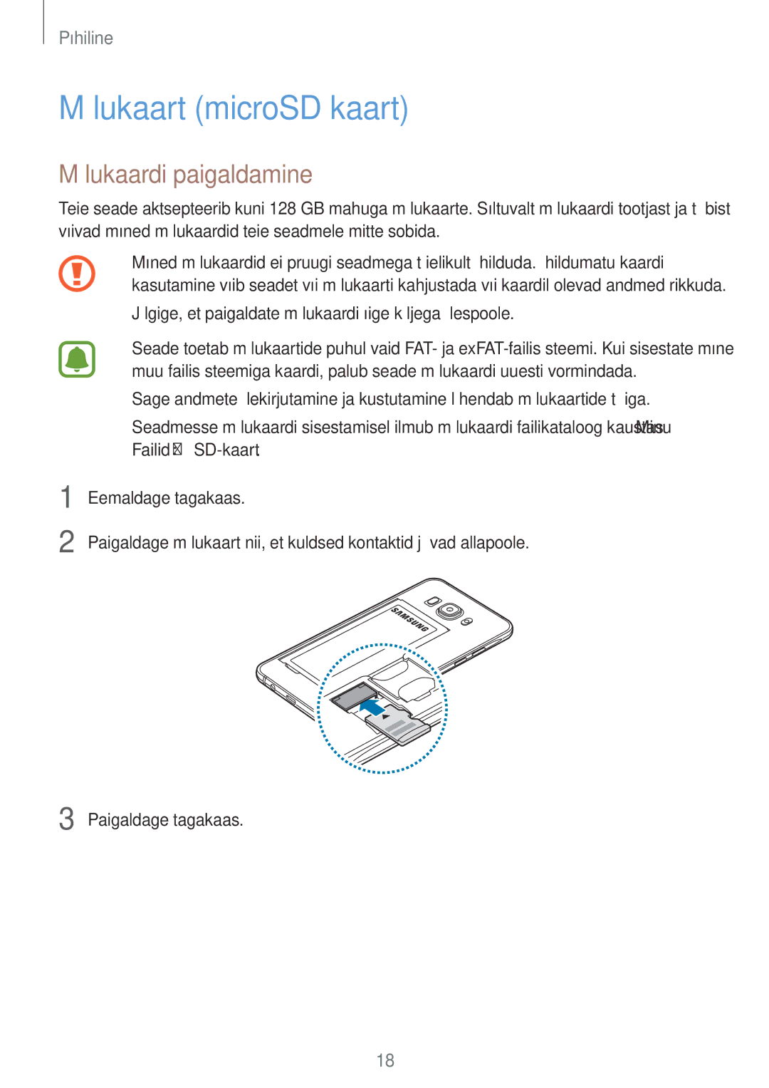 Samsung SM-J510FZDUSEB, SM-J510FZKUSEB, SM-J710FZKNSEB, SM-J710FZDNSEB manual Mälukaart microSD kaart, Mälukaardi paigaldamine 