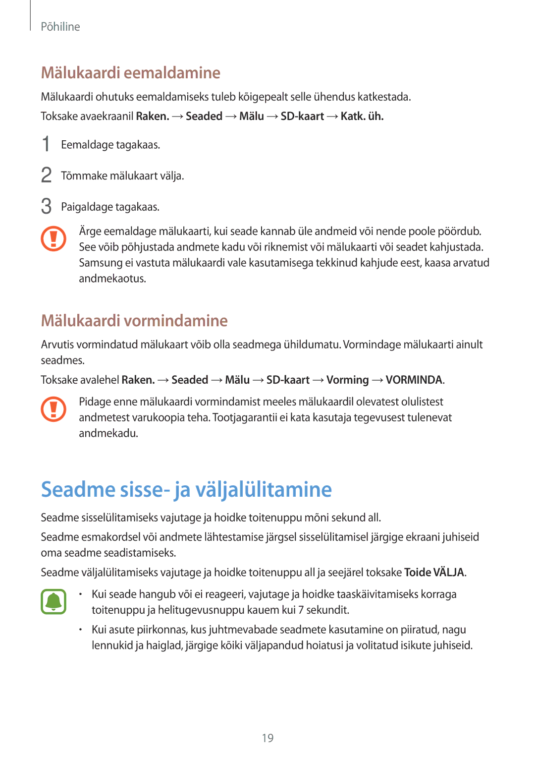 Samsung SM-J710FZDNSEB, SM-J510FZKUSEB Seadme sisse- ja väljalülitamine, Mälukaardi eemaldamine, Mälukaardi vormindamine 