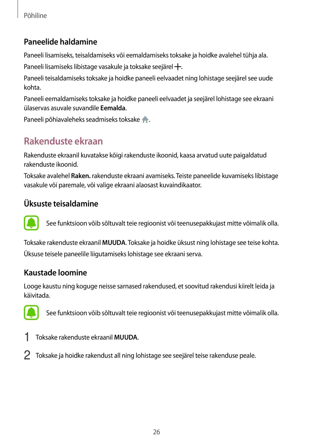 Samsung SM-J510FZDUSEB, SM-J510FZKUSEB, SM-J710FZKNSEB, SM-J710FZDNSEB manual Rakenduste ekraan, Paneelide haldamine 