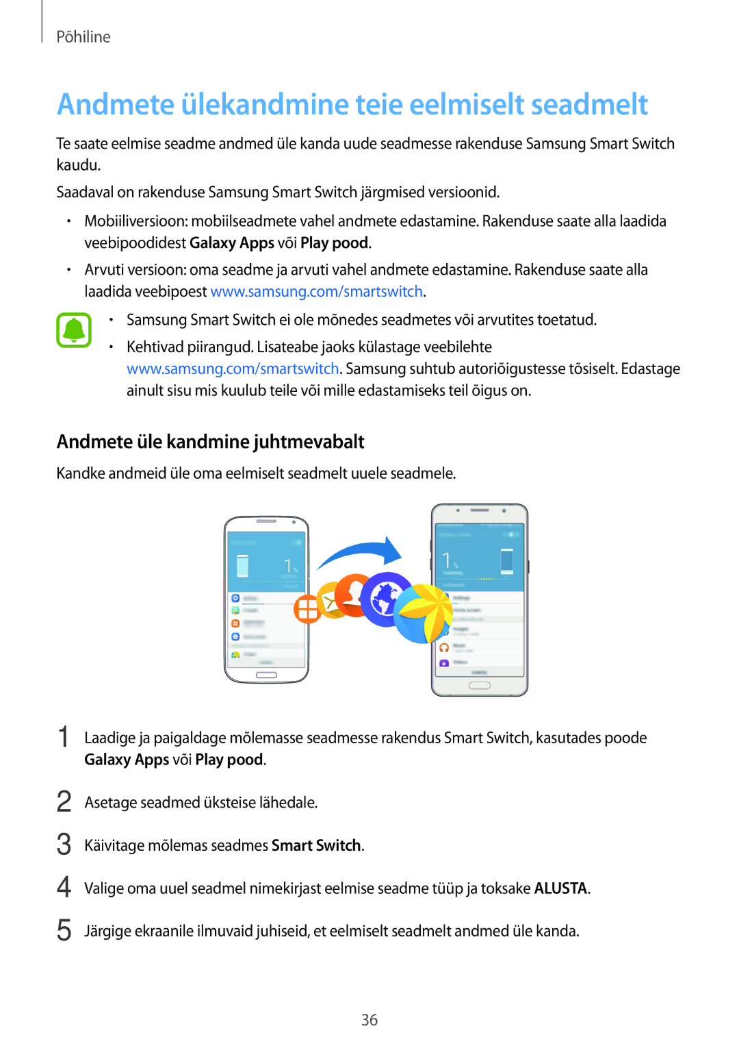 Samsung SM-J510FZKUSEB, SM-J710FZKNSEB manual Andmete ülekandmine teie eelmiselt seadmelt, Andmete üle kandmine juhtmevabalt 