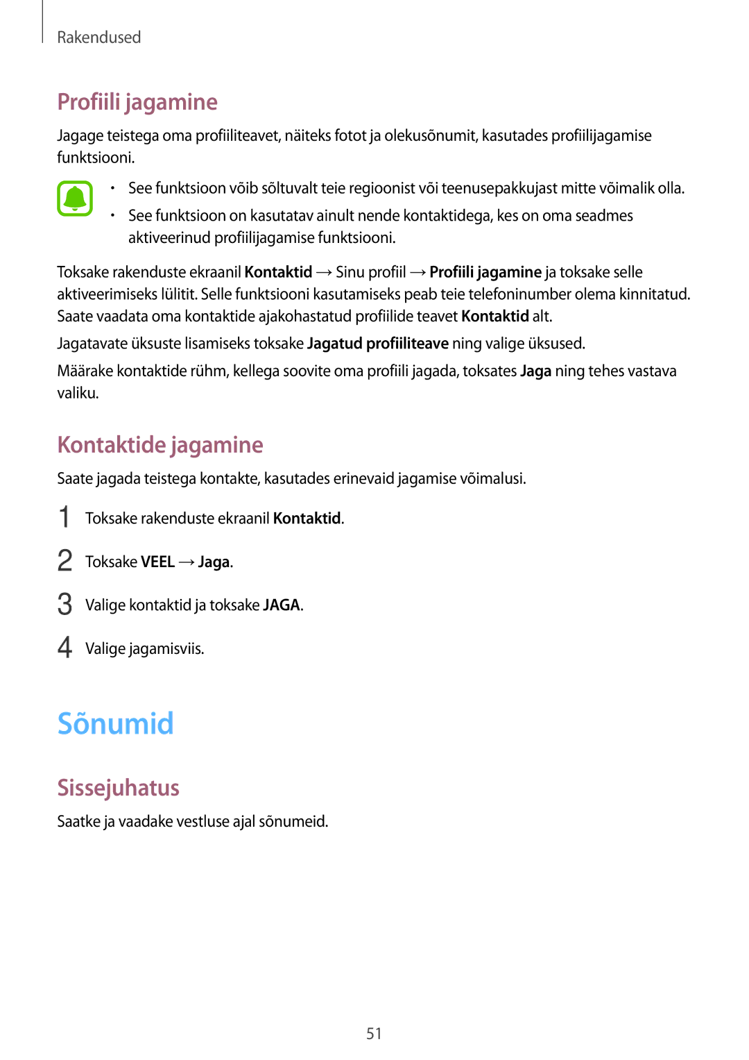 Samsung SM-J710FZDNSEB, SM-J510FZKUSEB, SM-J710FZKNSEB, SM-J510FZDUSEB manual Sõnumid, Profiili jagamine, Kontaktide jagamine 