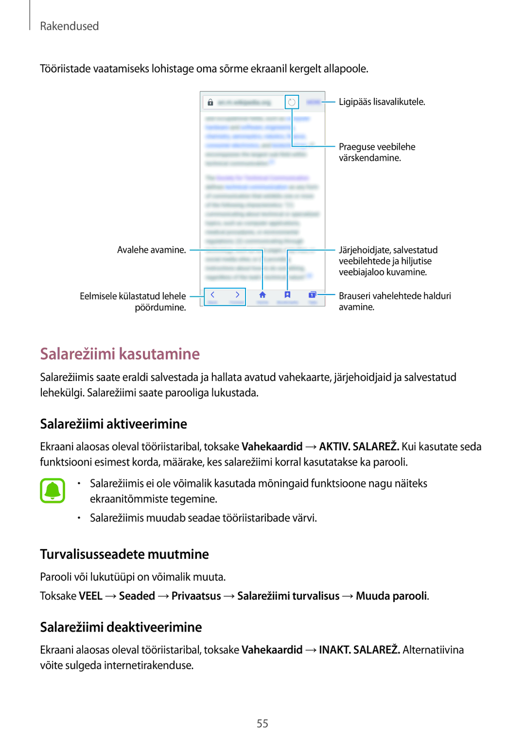 Samsung SM-J710FZDNSEB, SM-J510FZKUSEB manual Salarežiimi kasutamine, Salarežiimi aktiveerimine, Turvalisusseadete muutmine 