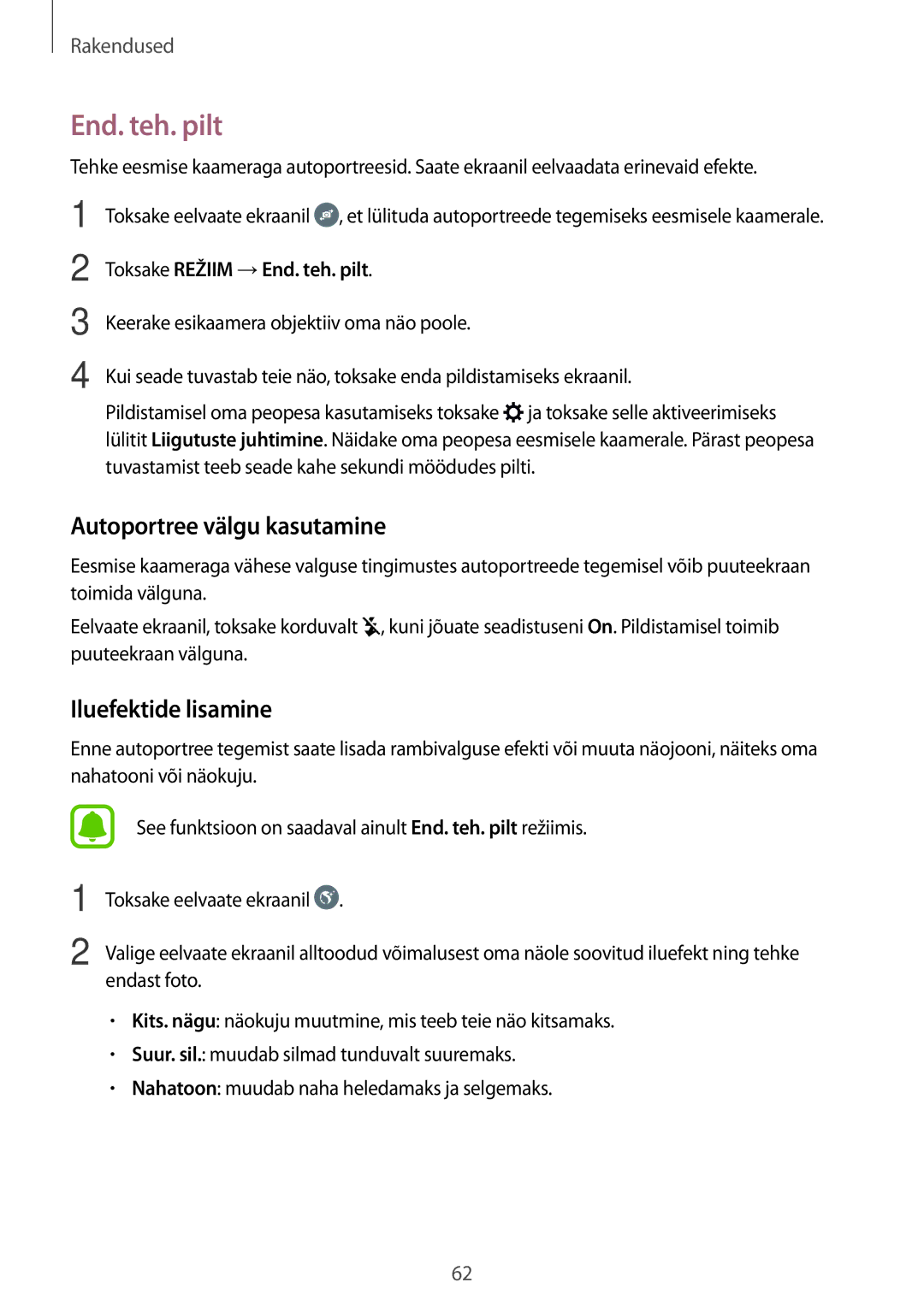 Samsung SM-J510FZDUSEB manual Autoportree välgu kasutamine, Iluefektide lisamine, Toksake Režiim →End. teh. pilt 