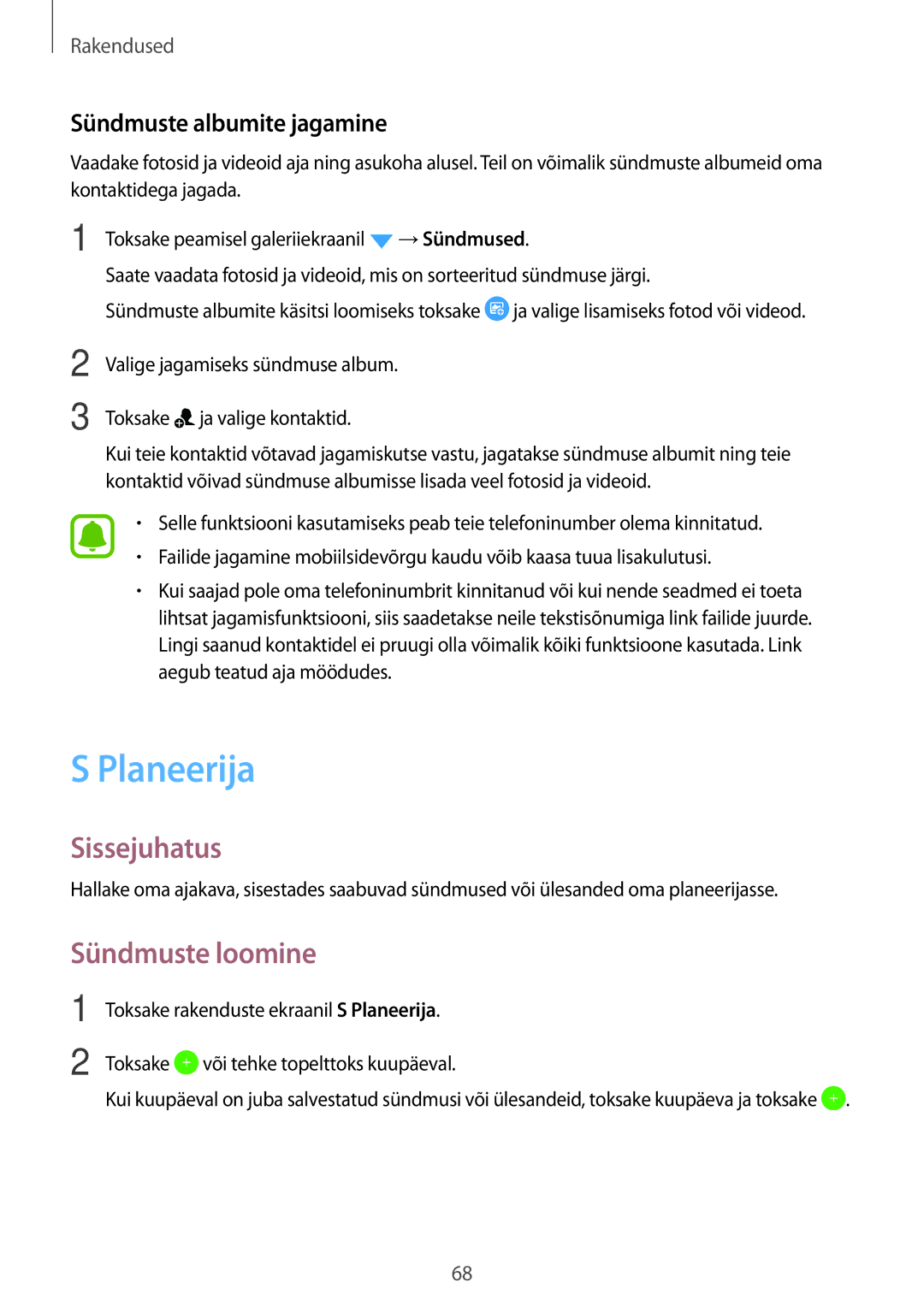 Samsung SM-J510FZKUSEB, SM-J710FZKNSEB, SM-J510FZDUSEB manual Planeerija, Sündmuste loomine, Sündmuste albumite jagamine 