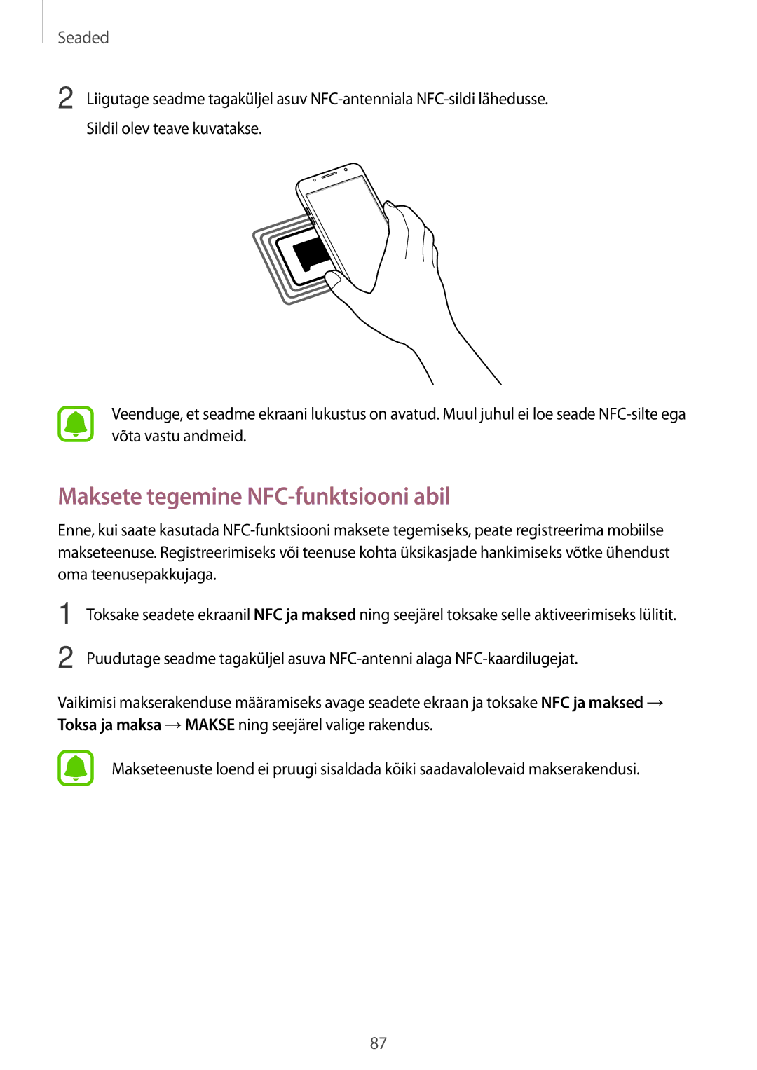 Samsung SM-J710FZDNSEB, SM-J510FZKUSEB, SM-J710FZKNSEB, SM-J510FZDUSEB manual Maksete tegemine NFC-funktsiooni abil 