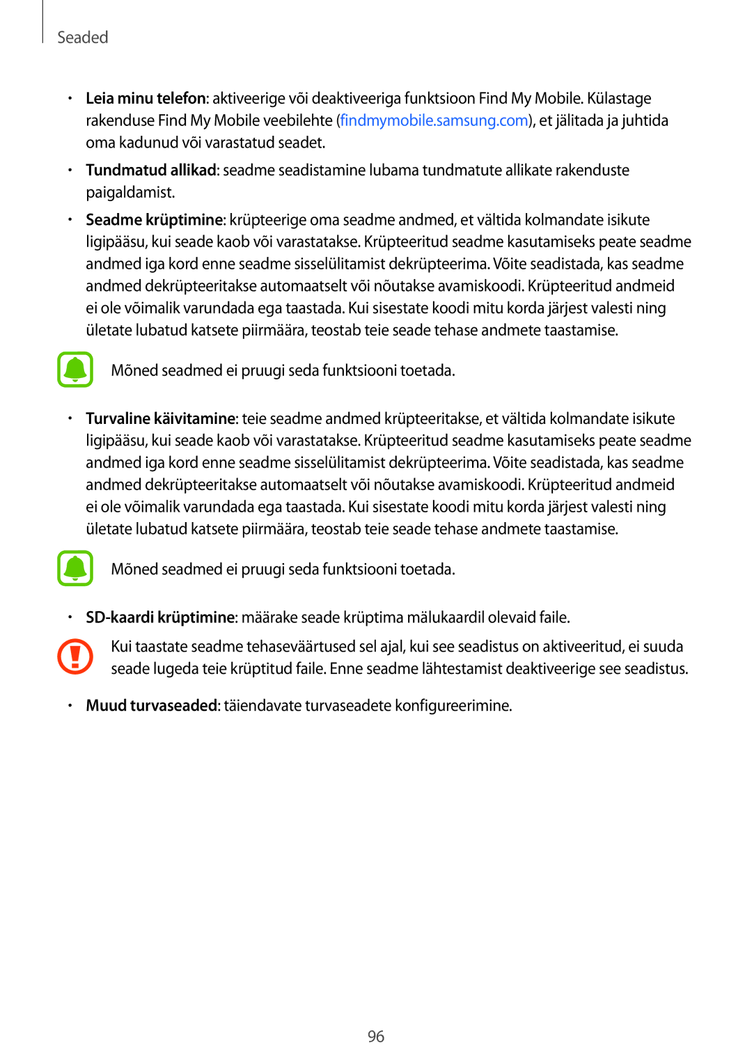 Samsung SM-J510FZKUSEB, SM-J710FZKNSEB, SM-J510FZDUSEB manual Muud turvaseaded täiendavate turvaseadete konfigureerimine 